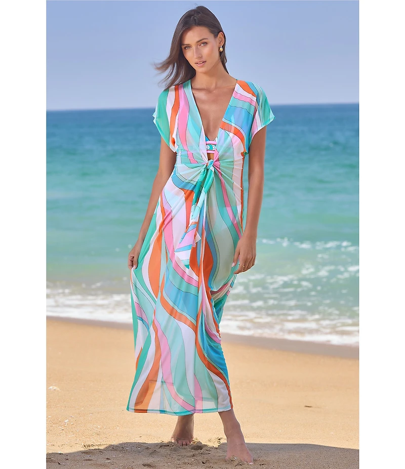 Trina Turk Apollo Tie Front V-Neck Stretch Mesh Maxi Dress Swim Cover-Up