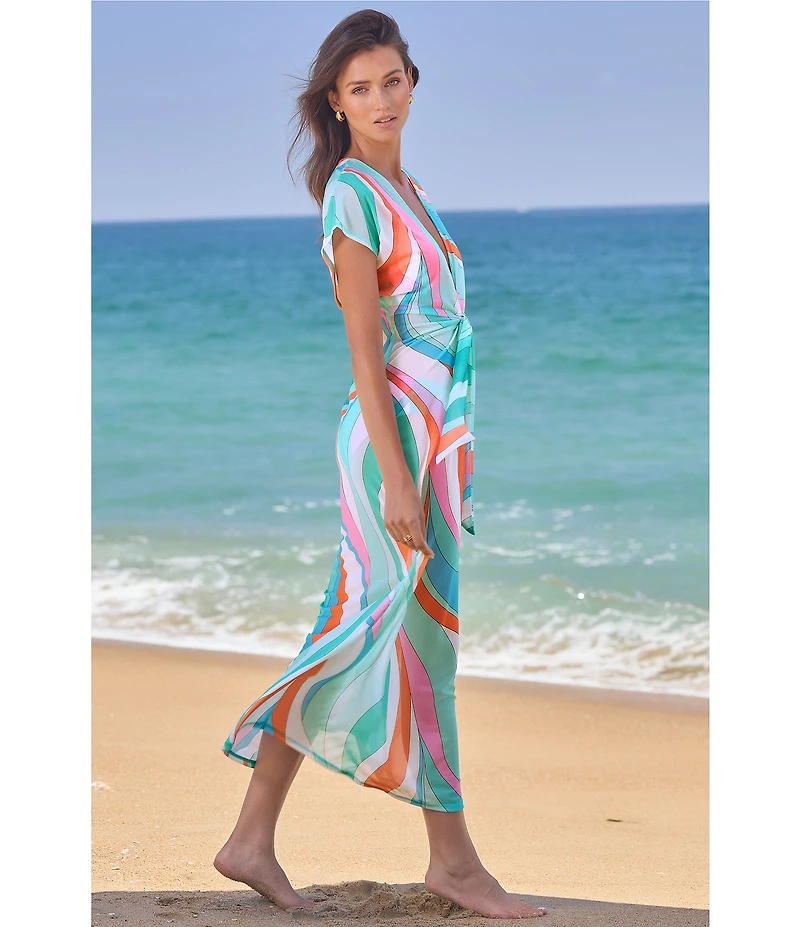 Trina Turk Apollo Tie Front V-Neck Stretch Mesh Maxi Dress Swim Cover-Up