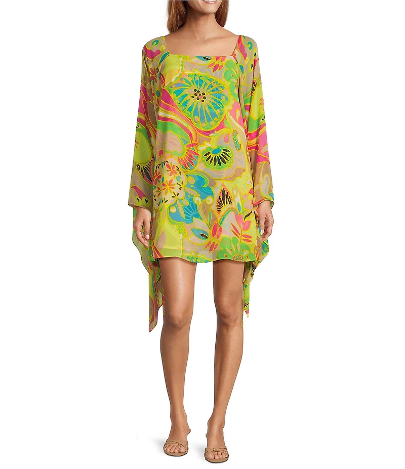 Trina Turk Aqualane Printed Georgette Boat Neck Long Sleeve Flowy Dress