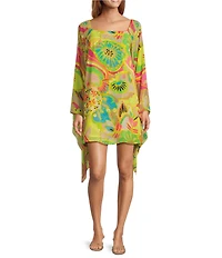 Trina Turk Aqualane Printed Georgette Boat Neck Long Sleeve Flowy Dress