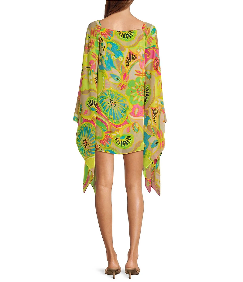 Trina Turk Aqualane Printed Georgette Boat Neck Long Sleeve Flowy Dress