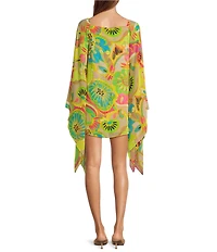 Trina Turk Aqualane Printed Georgette Boat Neck Long Sleeve Flowy Dress