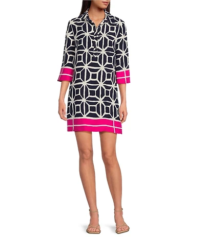 Trina Turk Argina Printed Georgette Collar Neck 3/4 Sleeve Shift Dress