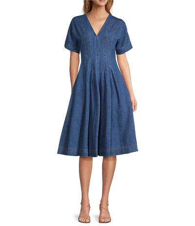 Trina Turk Ashe Denim V-Neck Short Sleeve A-line Midi Dress