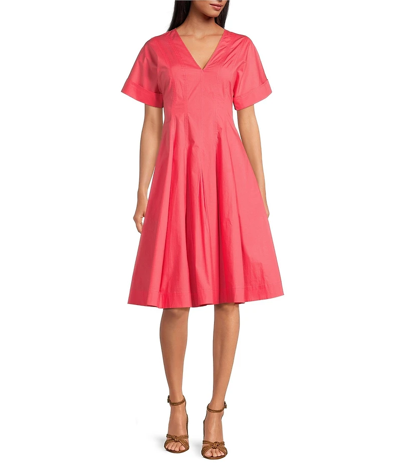 Trina Turk Ashe Poplin V-Neck Short Sleeve Fit-And-Flare Midi Dress