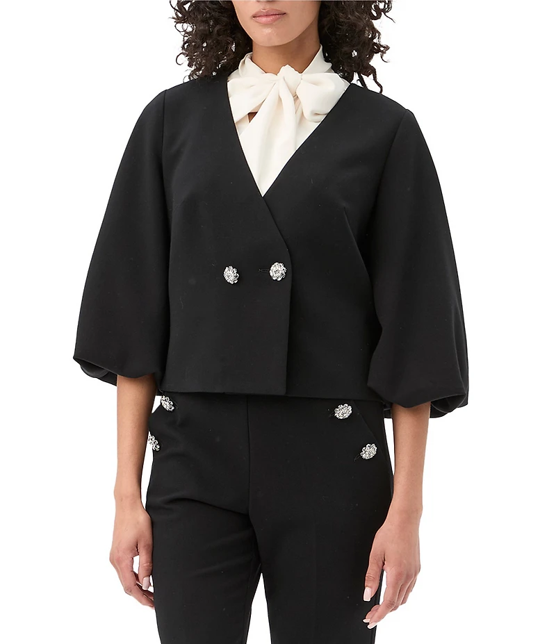 Trina Turk Basal V-Neck 3/4 Puff Sleeve Crop Jacket