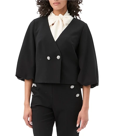 Trina Turk Basal V-Neck 3/4 Puff Sleeve Crop Jacket