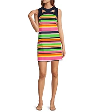 Trina Turk Bev Stripe Print Cutout Round Neck Sleeveless Sheath Mini Dress