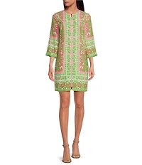 Trina Turk Botanical Placement Print Split V-Neck 3/4 Sleeve Zip Front Dress