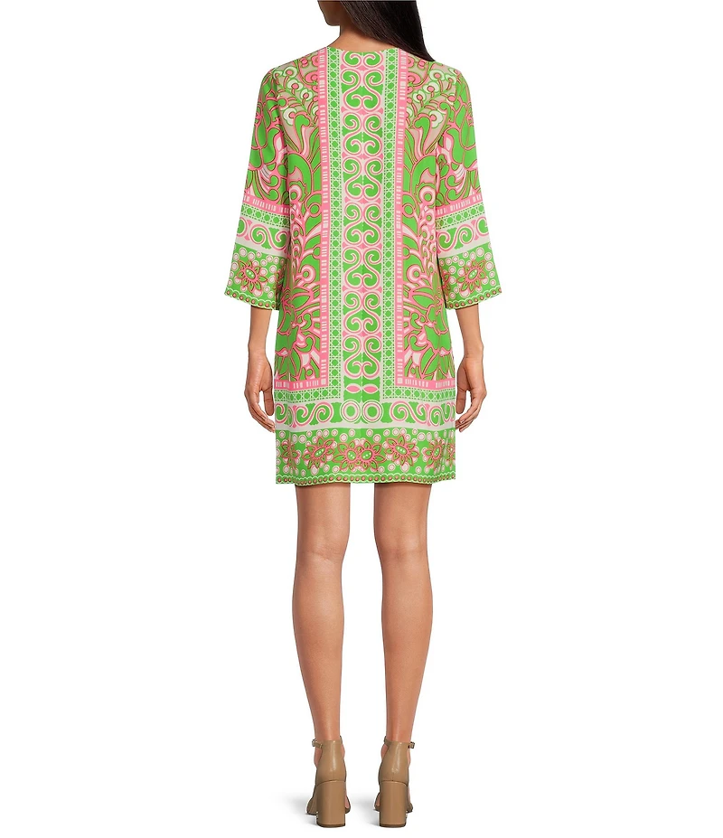Trina Turk Botanical Placement Print Split V-Neck 3/4 Sleeve Zip Front Dress