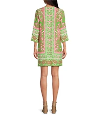 Trina Turk Botanical Placement Print Split V-Neck 3/4 Sleeve Zip Front Dress