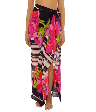 Trina Turk Bougainvillea Abstract Floral Stripe Self Tie Pareo Swim Cover-Up