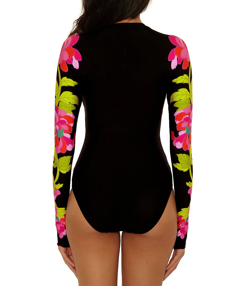 Trina Turk Bougainvillea Long Bold Tropical Sleeve Zip-Up One Piece Paddle Swimsuit
