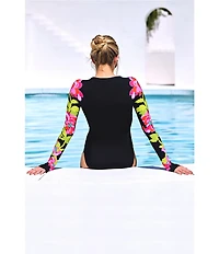 Trina Turk Bougainvillea Long Bold Tropical Sleeve Zip-Up One Piece Paddle Swimsuit