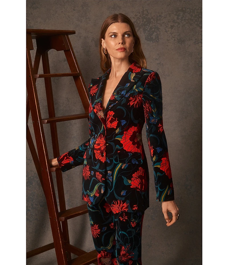 Trina Turk Broadway Floral Velveteen Notch Lapel Long Sleeve Blazer