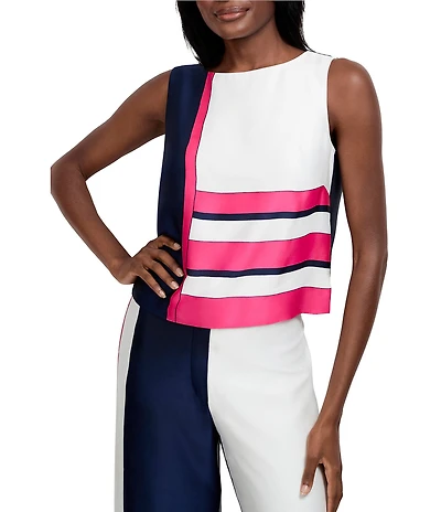Trina Turk Cadorna Satin Georgette Colorblock Crew Neck Sleeveless Coordinating Top