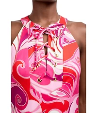 Trina Turk Cappuccia Printed Round High Neck Sleeveless Lace Up Dress