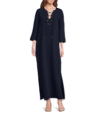 Trina Turk Catamaran Double Georgette Lace-Up V-Neck 3/4 Sleeve Maxi Dress