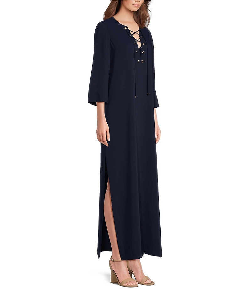 Trina Turk Catamaran Double Georgette Lace-Up V-Neck 3/4 Sleeve Maxi Dress