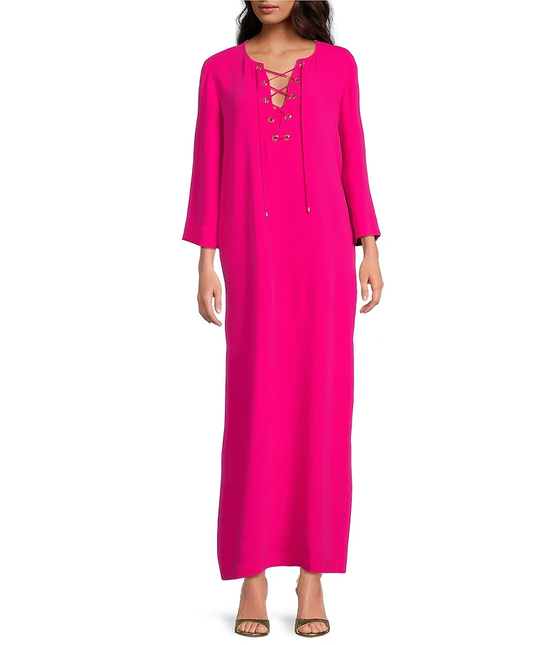 Trina Turk Catamaran Double Georgette Lace-Up V-Neck 3/4 Sleeve Maxi Dress