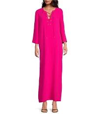 Trina Turk Catamaran Double Georgette Lace-Up V-Neck 3/4 Sleeve Maxi Dress