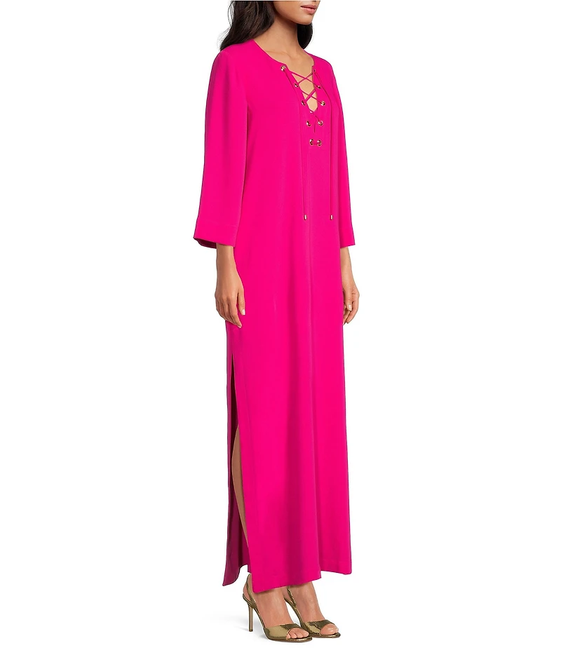 Trina Turk Catamaran Double Georgette Lace-Up V-Neck 3/4 Sleeve Maxi Dress