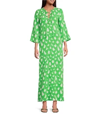 Trina Turk Catamaran Drape Print Lace-Up V-Neck 3/4 Sleeve Maxi Dress