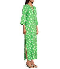 Trina Turk Catamaran Drape Print Lace-Up V-Neck 3/4 Sleeve Maxi Dress