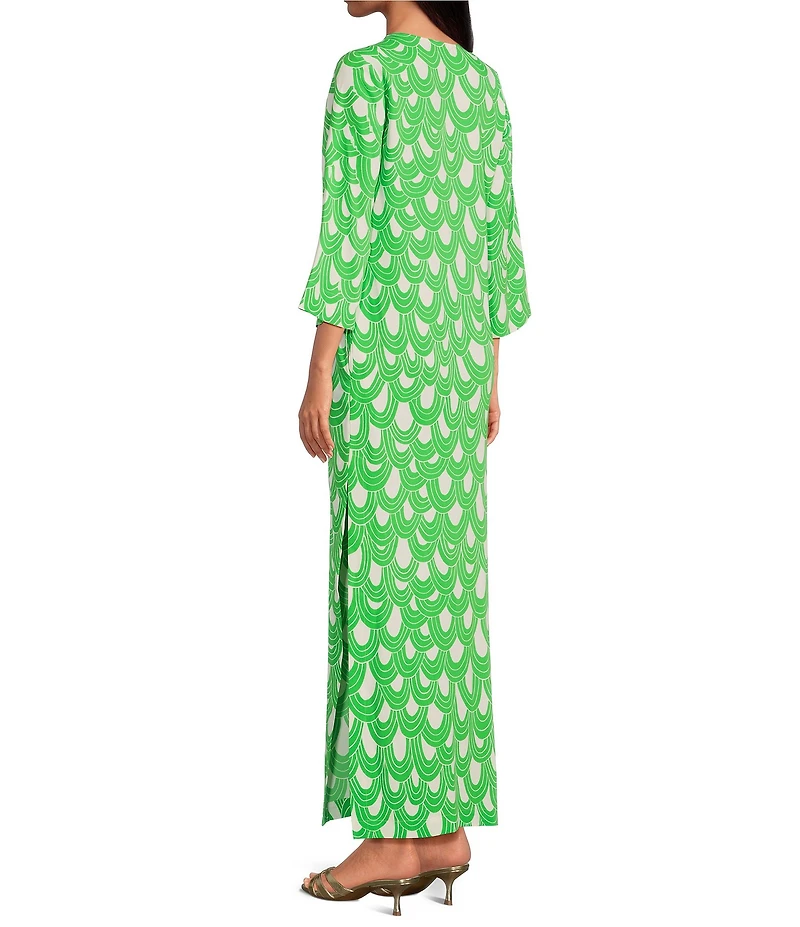 Trina Turk Catamaran Drape Print Lace-Up V-Neck 3/4 Sleeve Maxi Dress