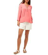 Trina Turk Catamaran Georgette Lace Up V-Neck Long Sleeve Top