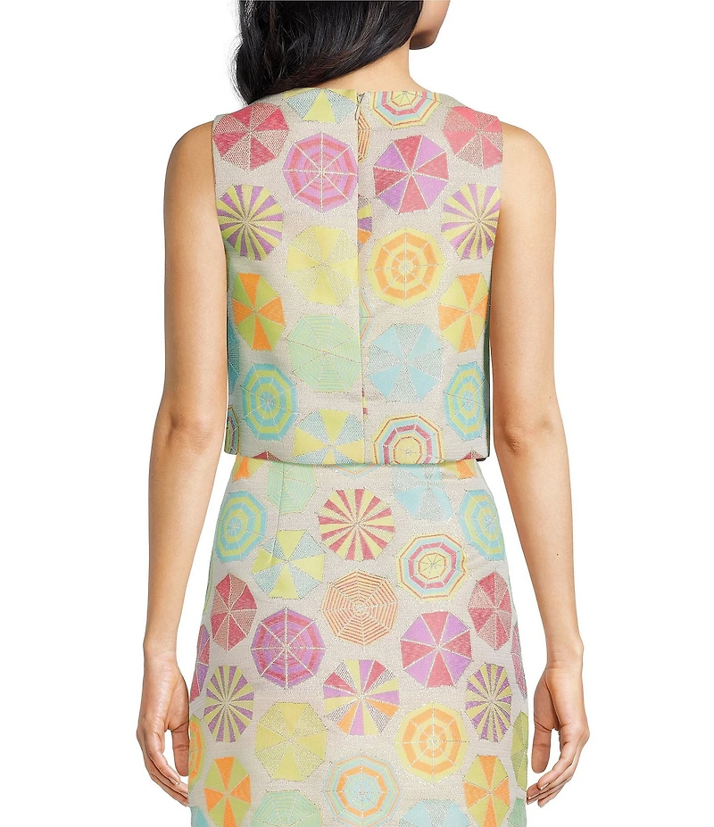 Trina Turk Cayley Jacquard Umbrella Print Boat Neck Sleeveless Coordinating Crop Top