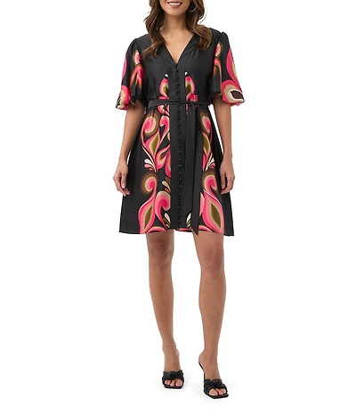 Trina Turk Certonia Border Print Satin Georgette V-Neck Short Sleeve Tie Waist Dress