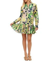 Trina Turk Championship Painted Cotton Split V-Neck Long Sleeve Dress