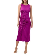 Trina Turk Chestnut Satin Round Neck Sleeveless Ruched Midi Dress