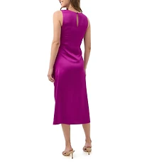 Trina Turk Chestnut Satin Round Neck Sleeveless Ruched Midi Dress