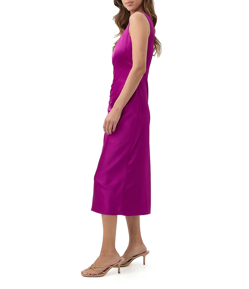 Trina Turk Chestnut Satin Round Neck Sleeveless Ruched Midi Dress