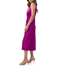 Trina Turk Chestnut Satin Round Neck Sleeveless Ruched Midi Dress