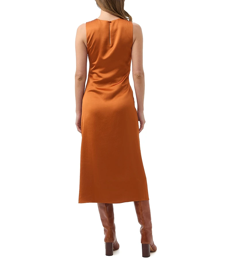Trina Turk Chestnut Satin Round Neck Sleeveless Ruched Midi Dress