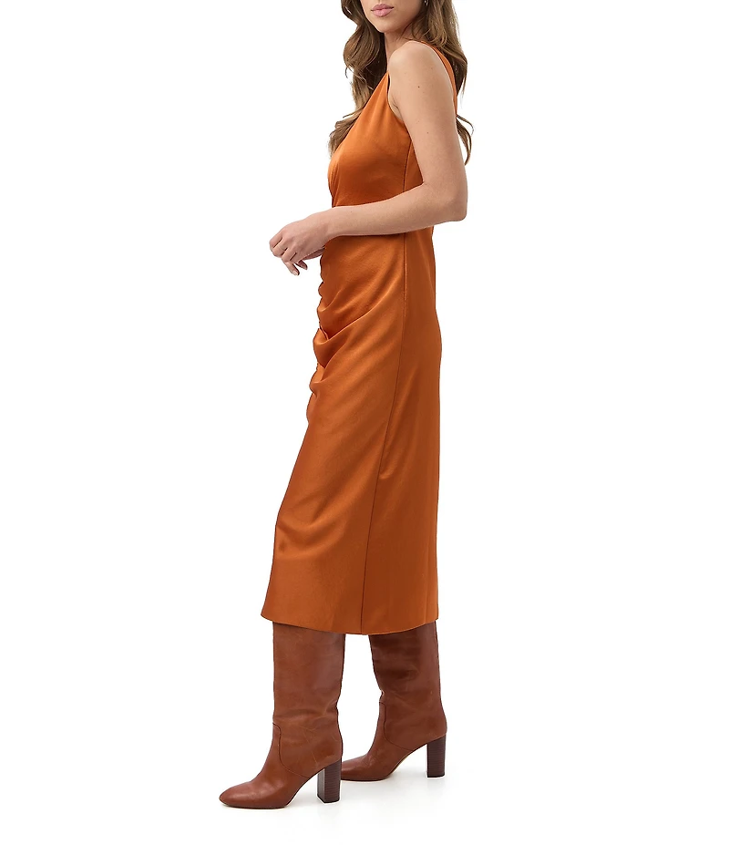 Trina Turk Chestnut Satin Round Neck Sleeveless Ruched Midi Dress