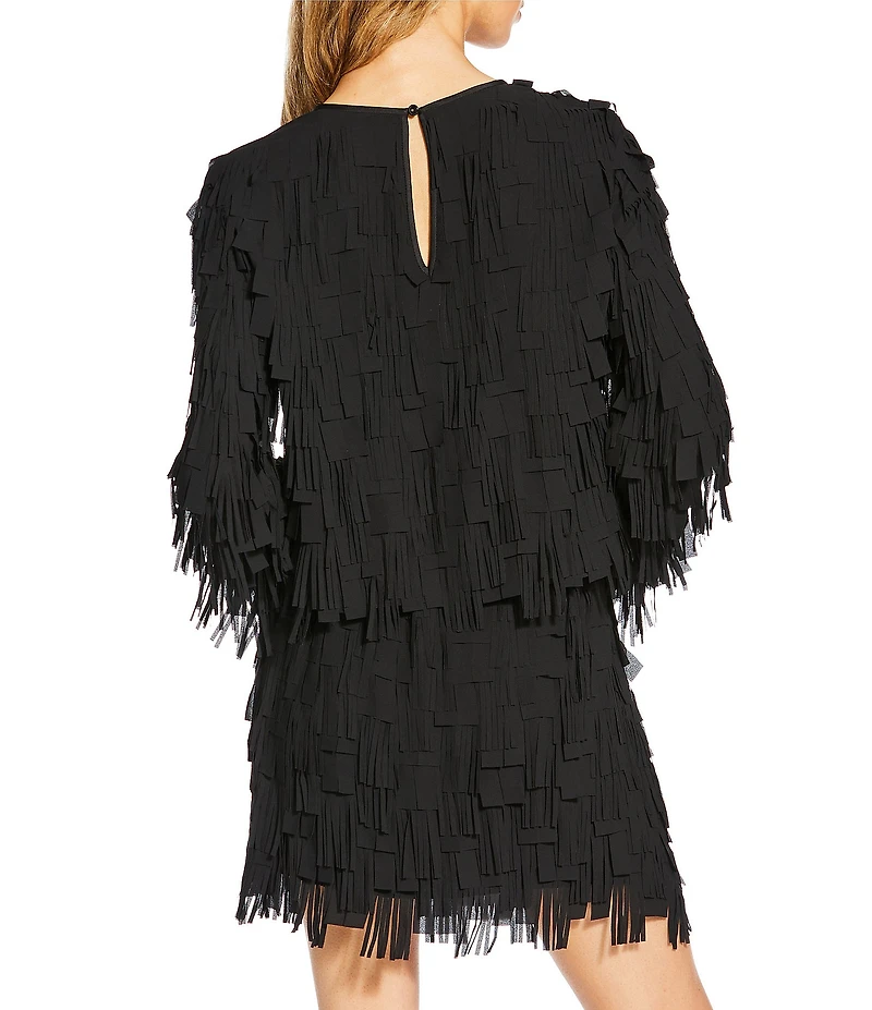 Trina Turk Chinaberry Coordinating Flutter Fringe Chiffon Round Neck Long Sleeve Top