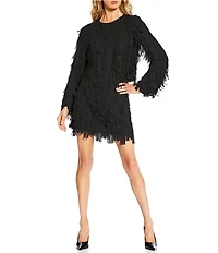 Trina Turk Chinaberry Coordinating Flutter Fringe Chiffon Round Neck Long Sleeve Top