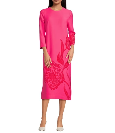 Trina Turk Cointreau Floral Printed Georgette Round Neck 3/4 Sleeve Midi Dress