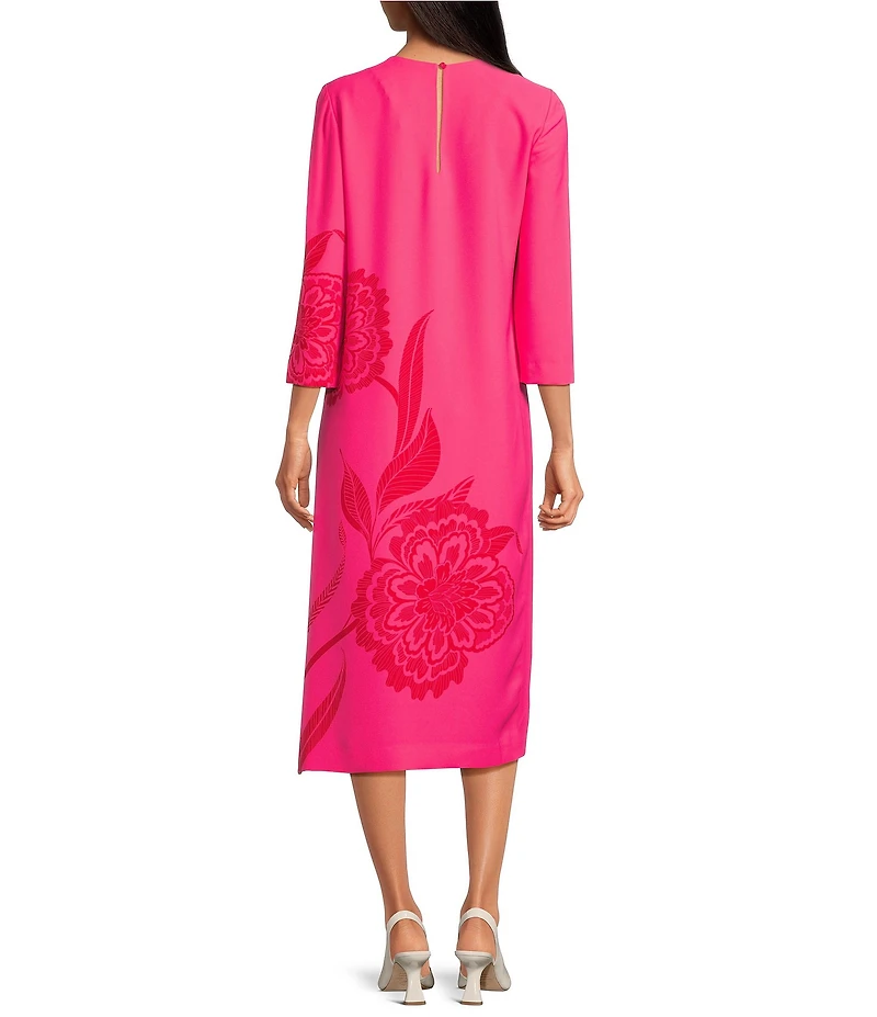 Trina Turk Cointreau Floral Printed Georgette Round Neck 3/4 Sleeve Midi Dress