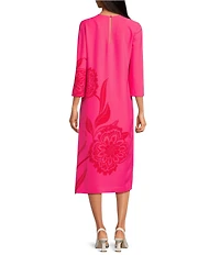 Trina Turk Cointreau Floral Printed Georgette Round Neck 3/4 Sleeve Midi Dress