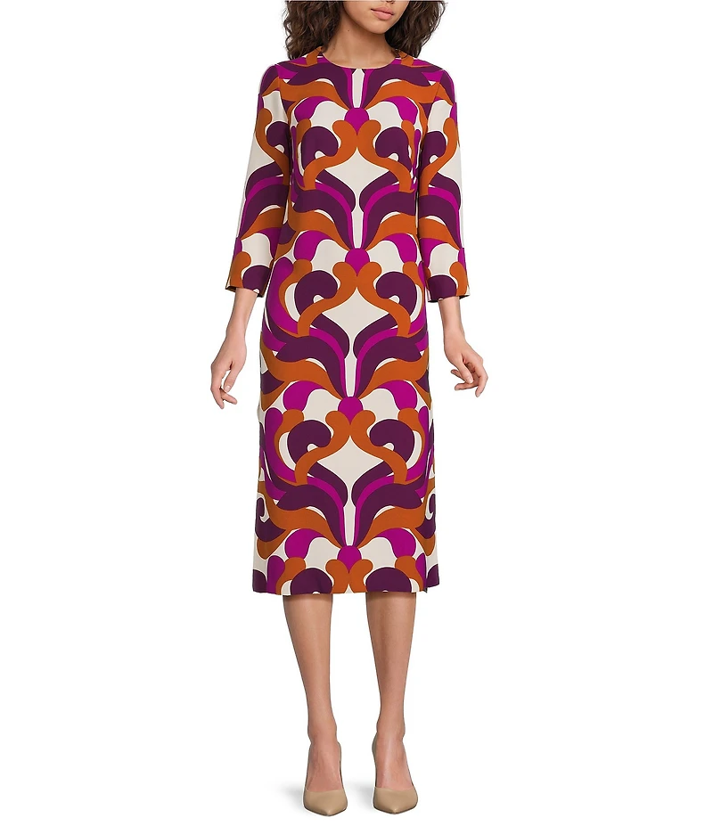 Trina Turk Cointreau Printed Georgette Round Neck 3/4 Sleeve Midi Dress
