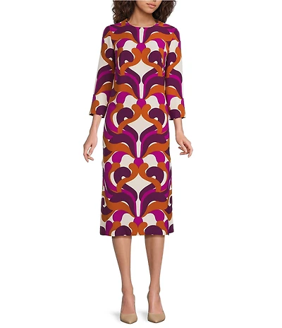 Trina Turk Cointreau Printed Georgette Round Neck 3/4 Sleeve Midi Dress