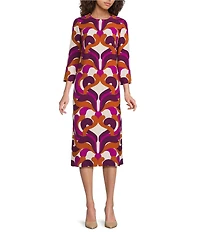 Trina Turk Cointreau Printed Georgette Round Neck 3/4 Sleeve Midi Dress