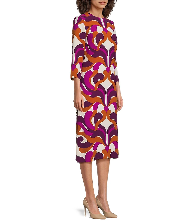 Trina Turk Cointreau Printed Georgette Round Neck 3/4 Sleeve Midi Dress