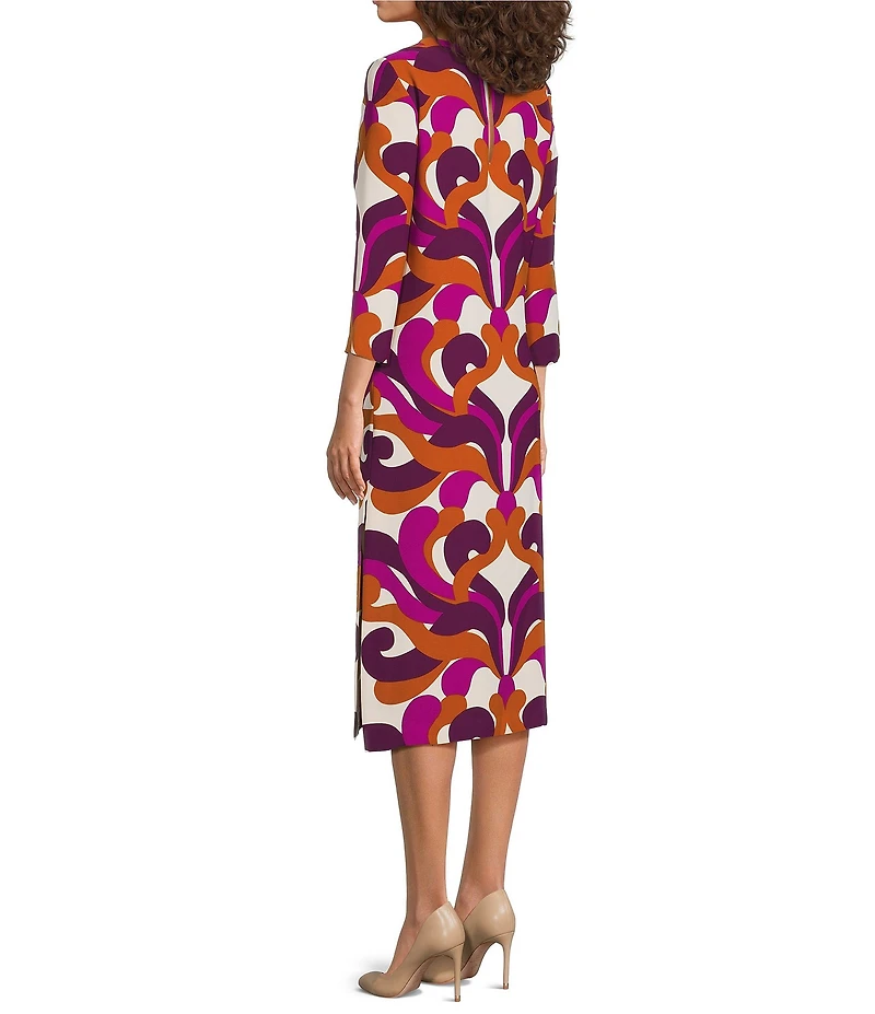 Trina Turk Cointreau Printed Georgette Round Neck 3/4 Sleeve Midi Dress