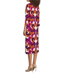 Trina Turk Cointreau Printed Georgette Round Neck 3/4 Sleeve Midi Dress